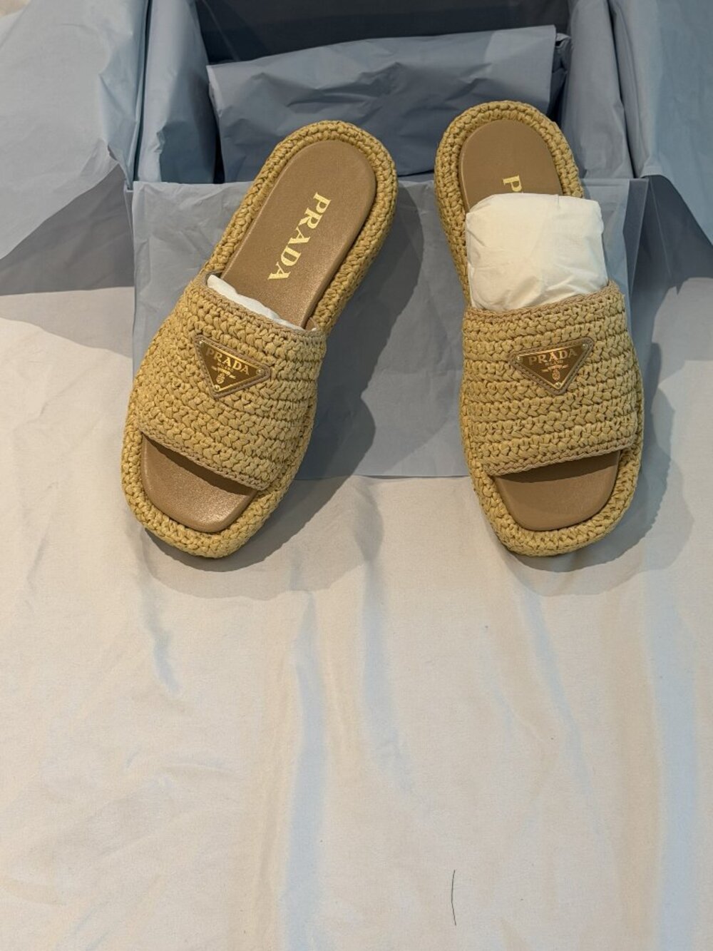 Prada Raffia Logo Slide Sandals Size 7 New Authentic